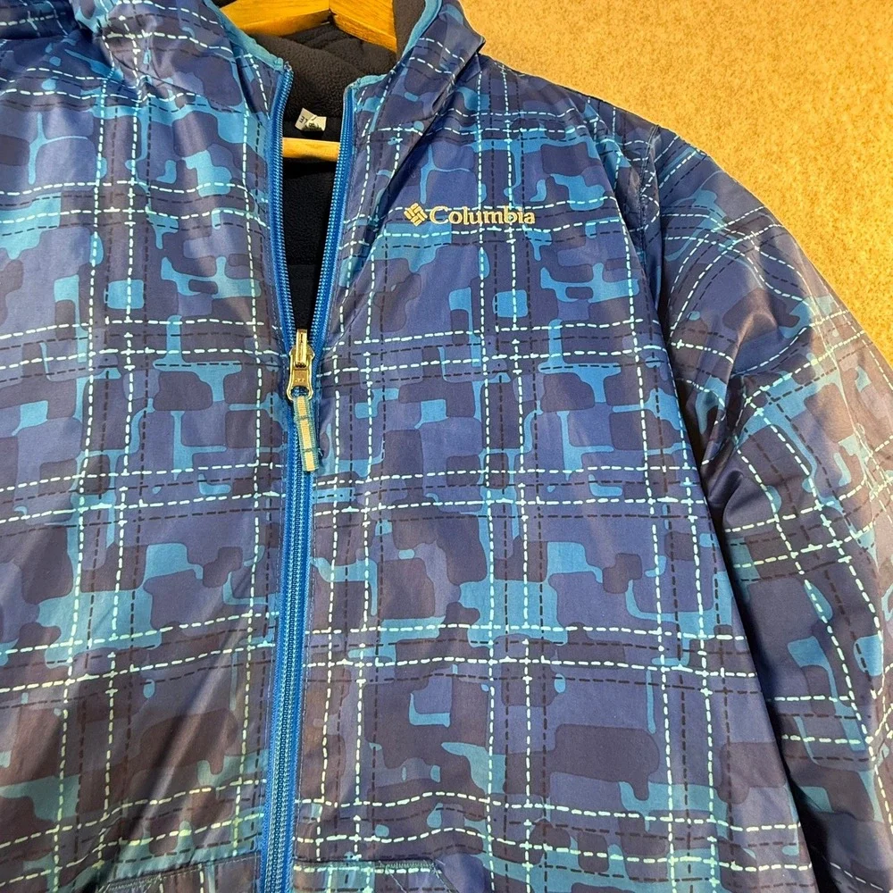 Columbia Boys Reversible Puffer Jacket Blue Camo Grid Fleece Hooded Full Zip